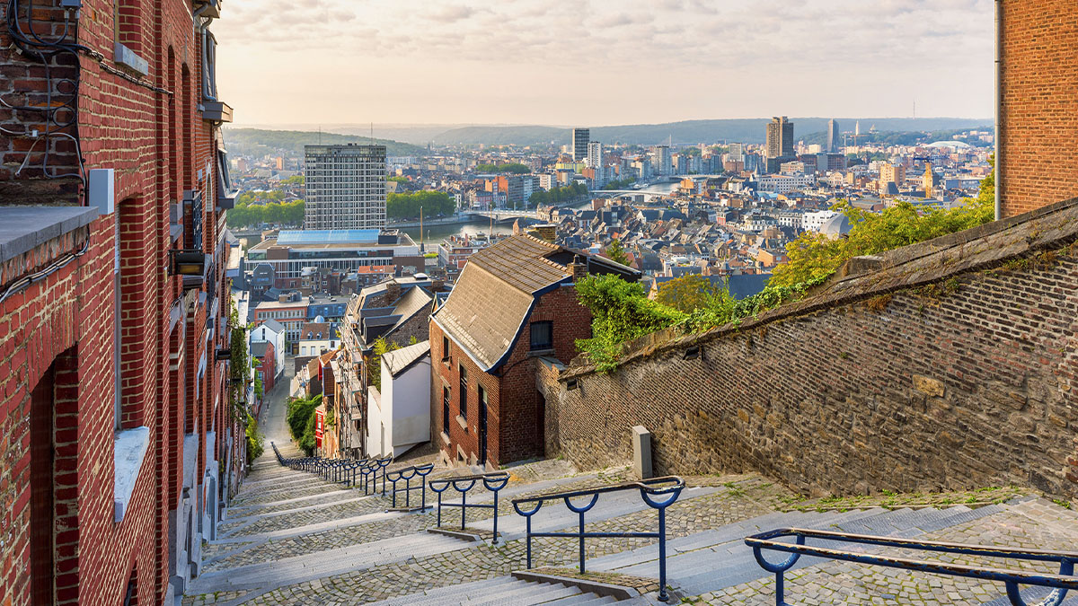 Vue en plongée d’une rue en pente bordée de bâtiments en brique, menant à une ville étendue à l’horizon.